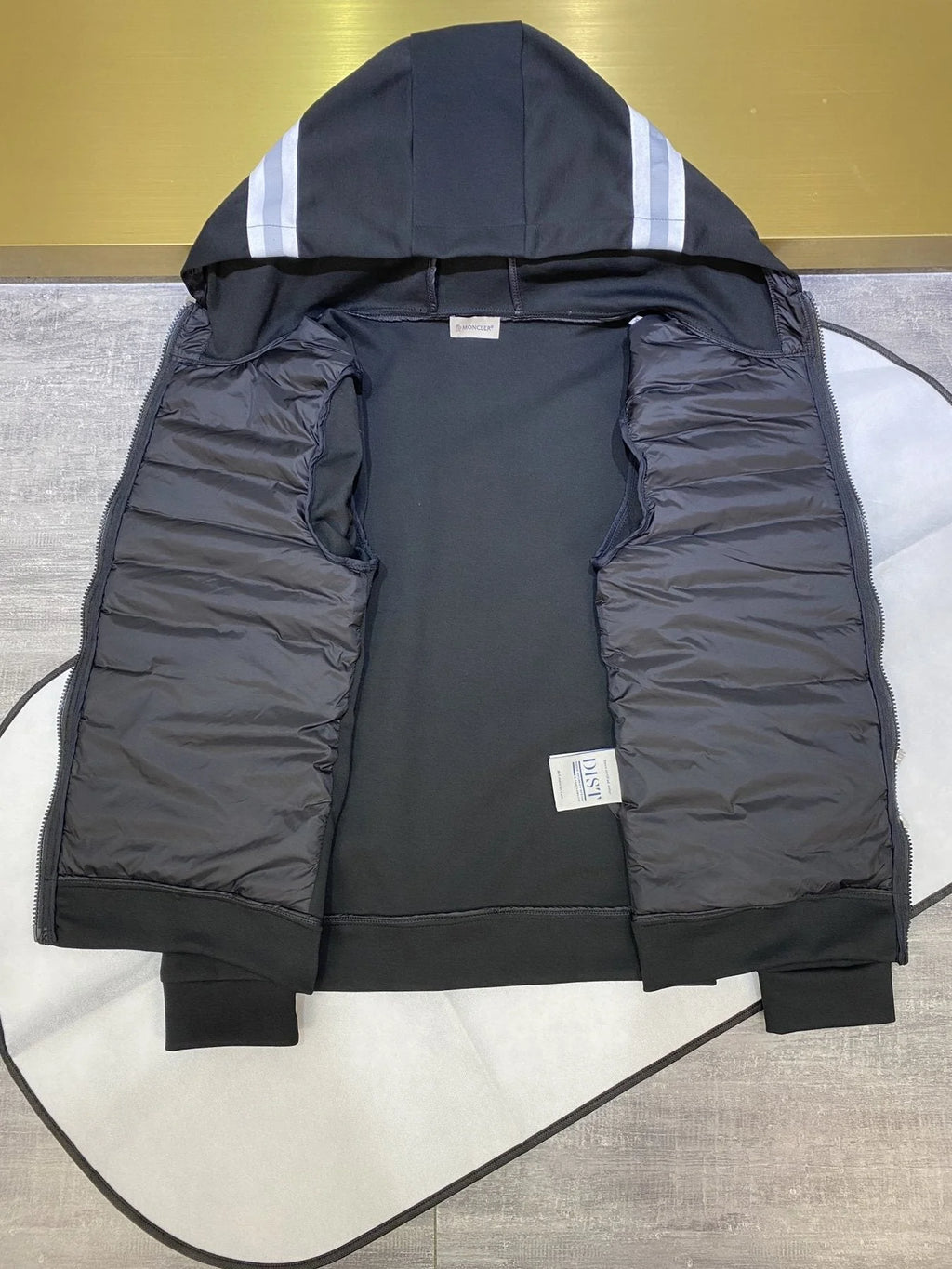 Moncler Black Quilted Front Striped Zip-Up Hoodie
