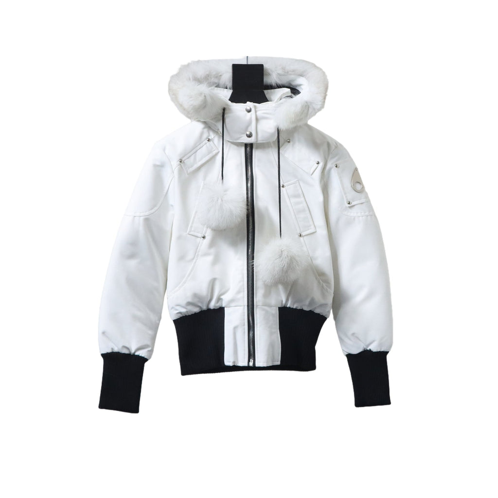 Moose Knuckles White Pom-Pom Hooded Cropped Bomber Jacket