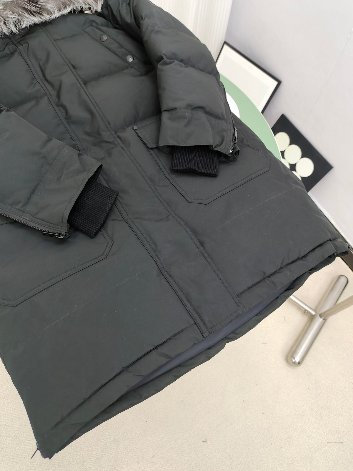 Moose Knuckles Charcoal Gray Hooded Quilted Long Parka