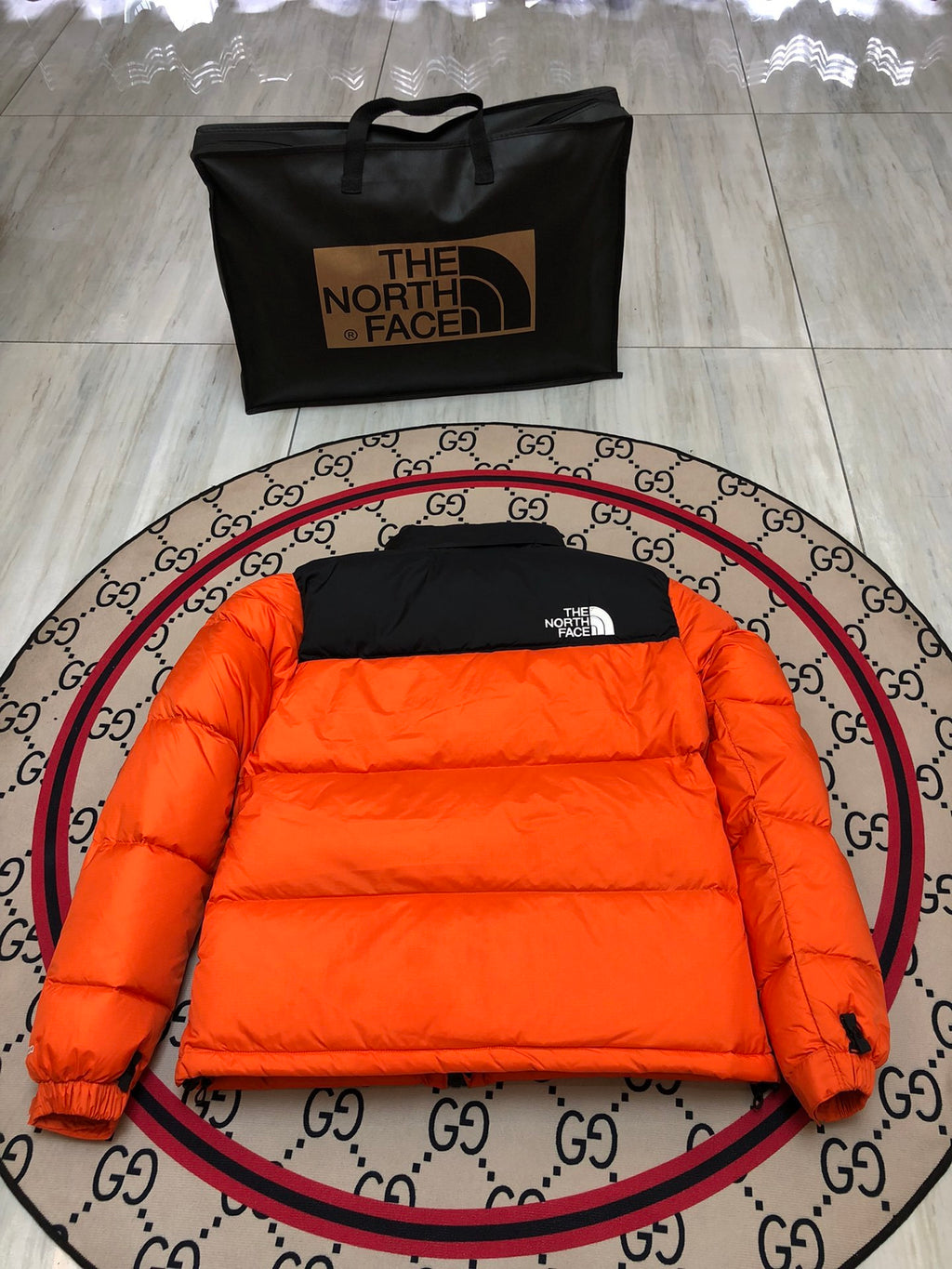 The North Face Orange Black Colorblock Puffer Jacket