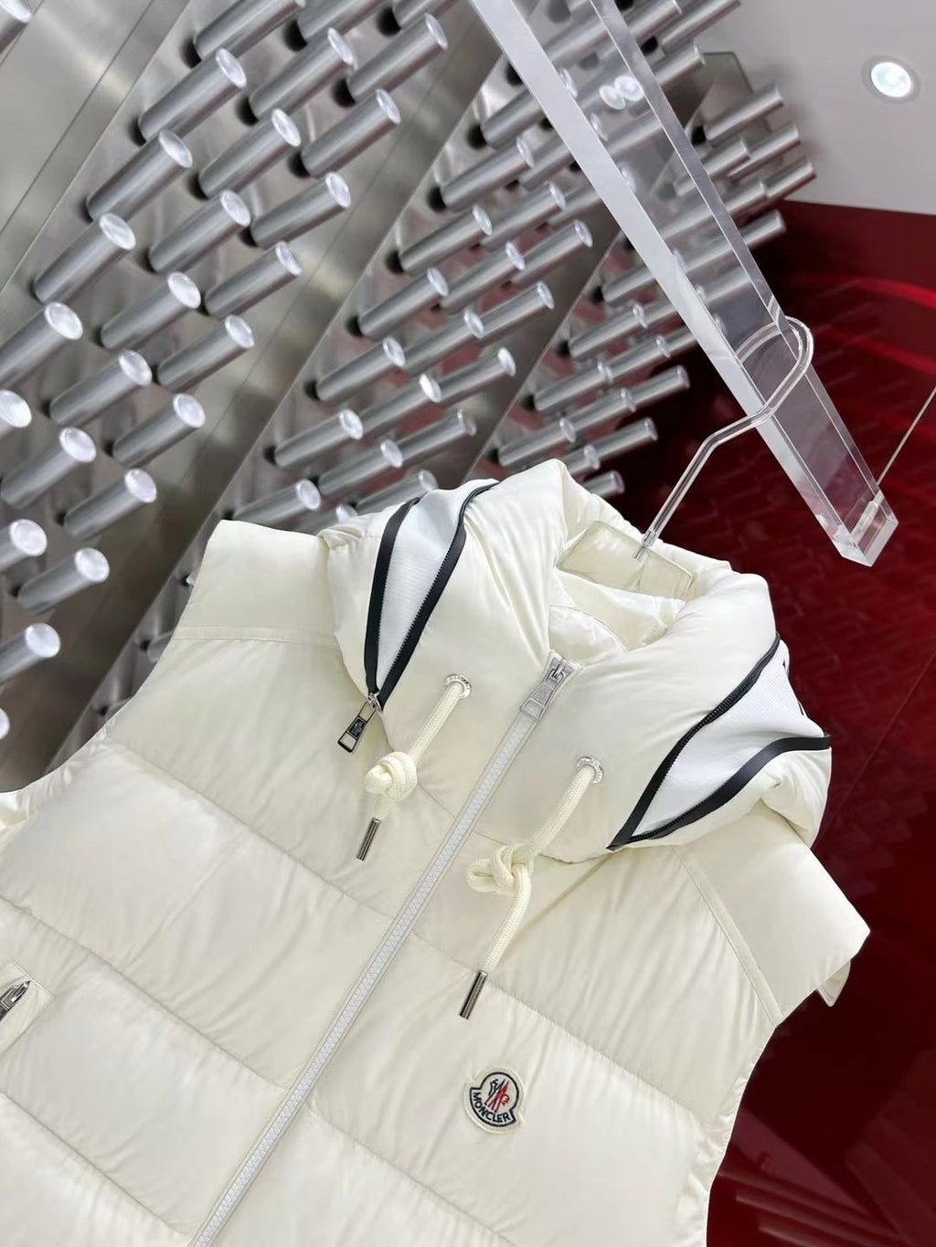 Moncler Ivory White Hooded Quilted Puffer Vest