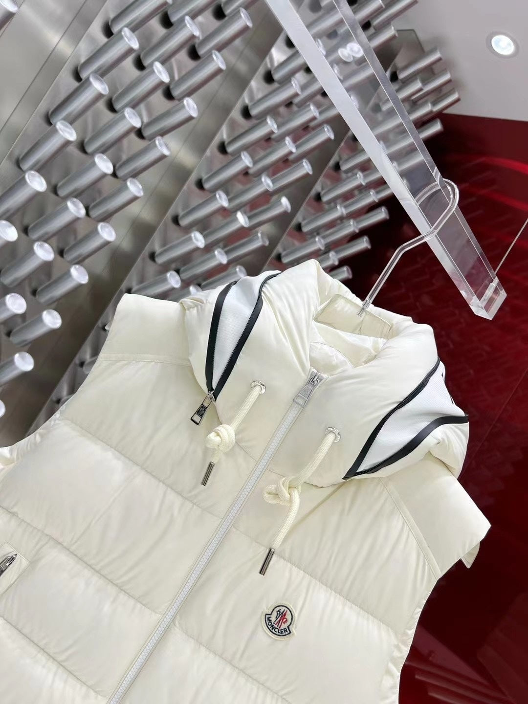 Moncler Ivory White Hooded Quilted Puffer Vest