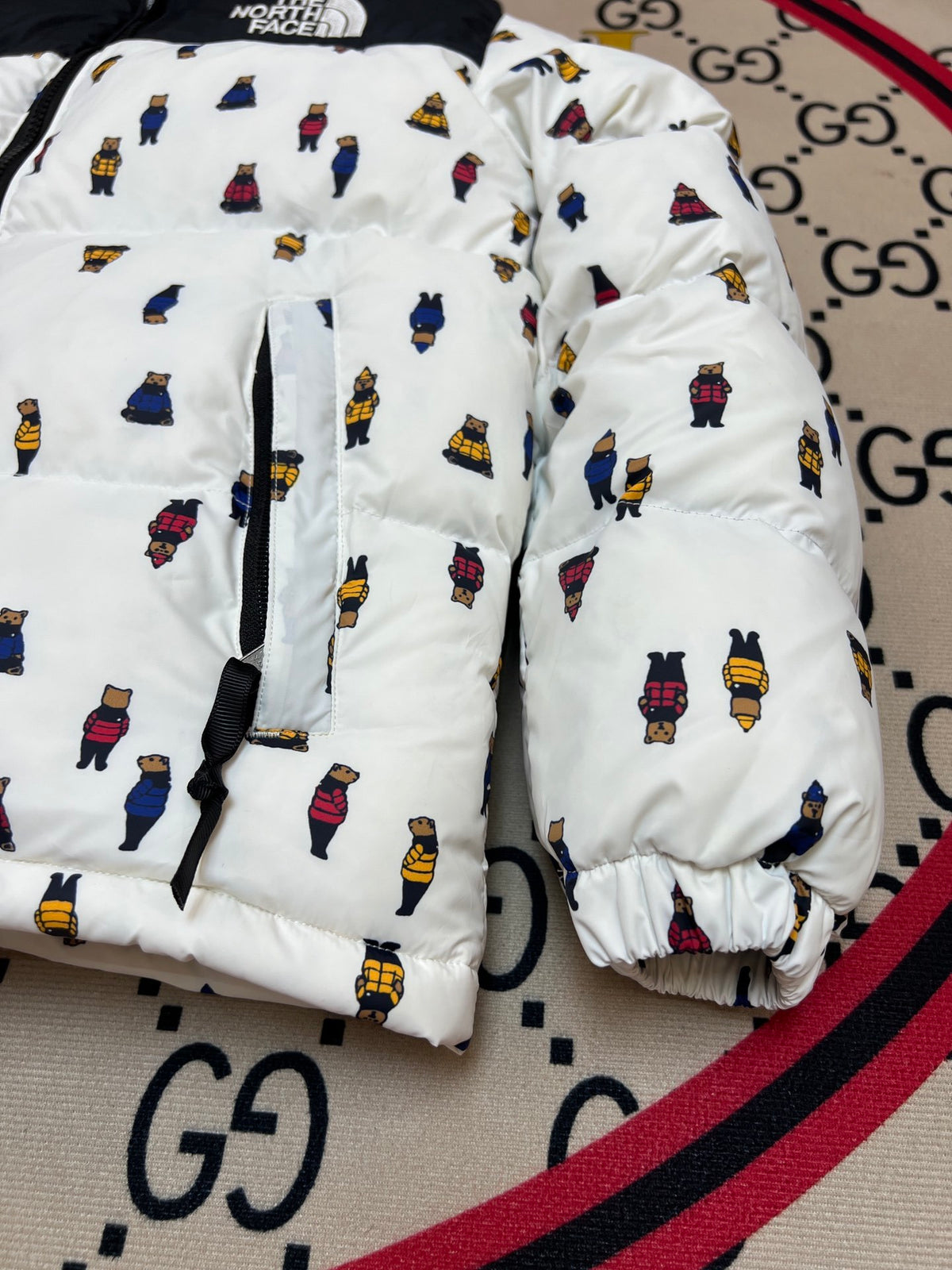 The North Face White Black Bear-Print Puffer Jacket