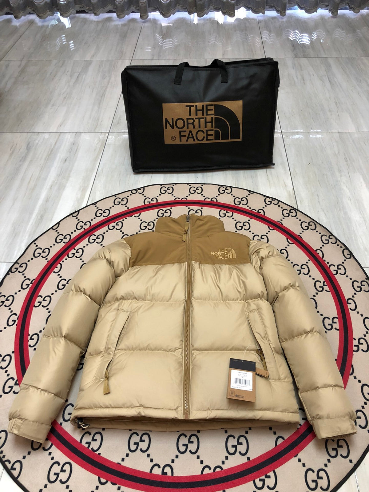 The North Face Beige Tan Colorblock Puffer Jacket