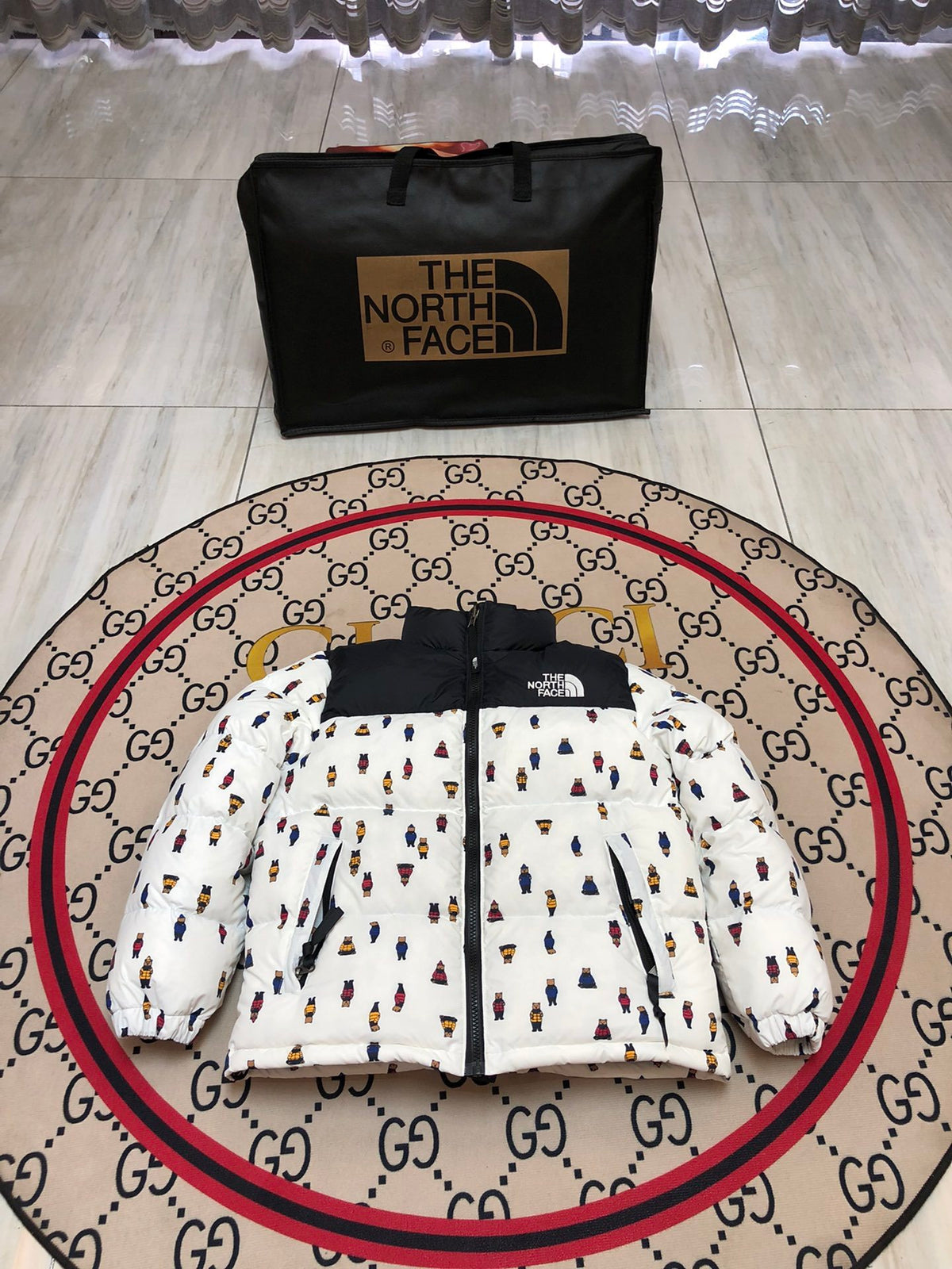 The North Face White Black Bear-Print Puffer Jacket