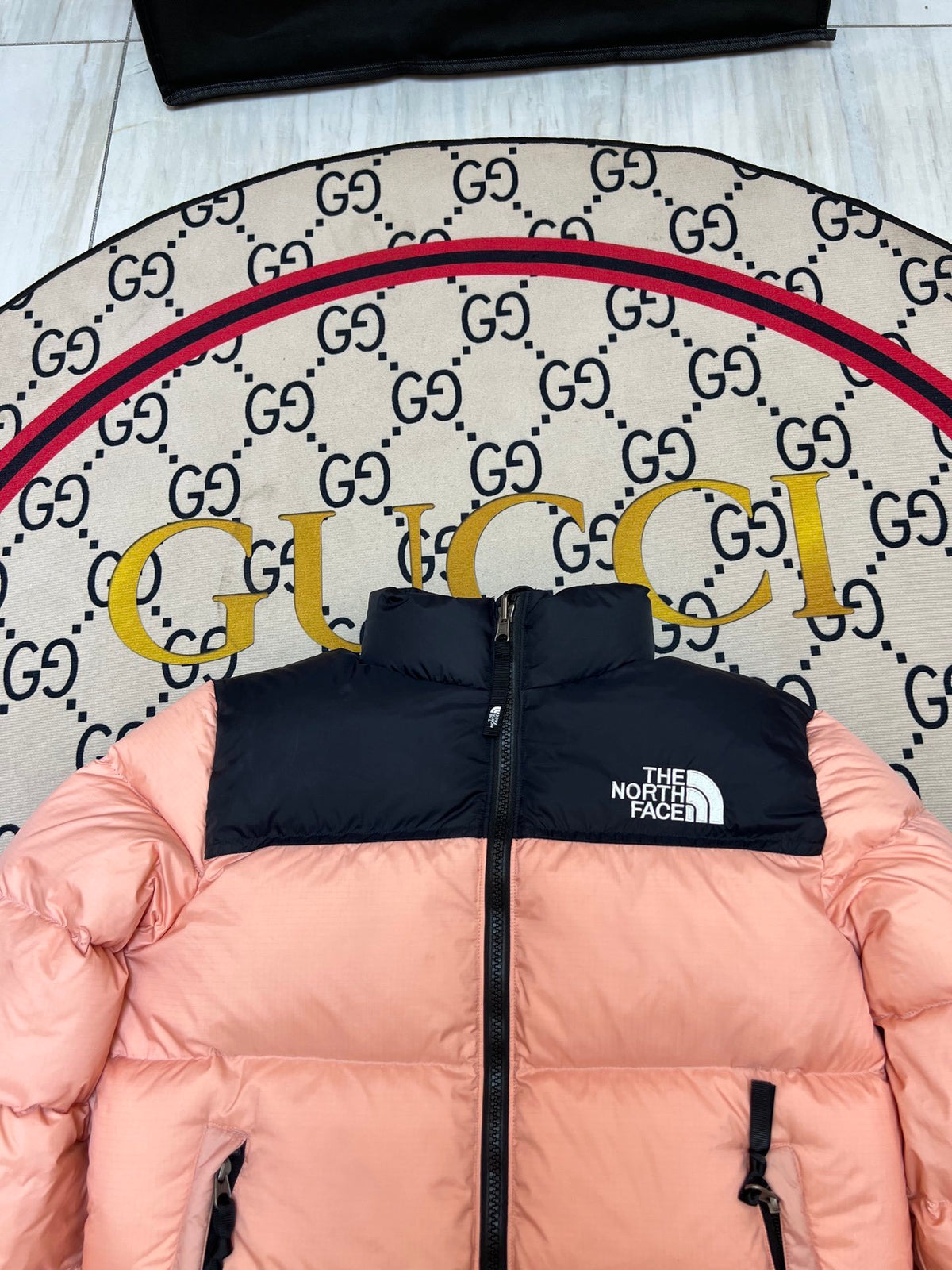 The North Face Peach Pink Black Colorblock Puffer Jacket