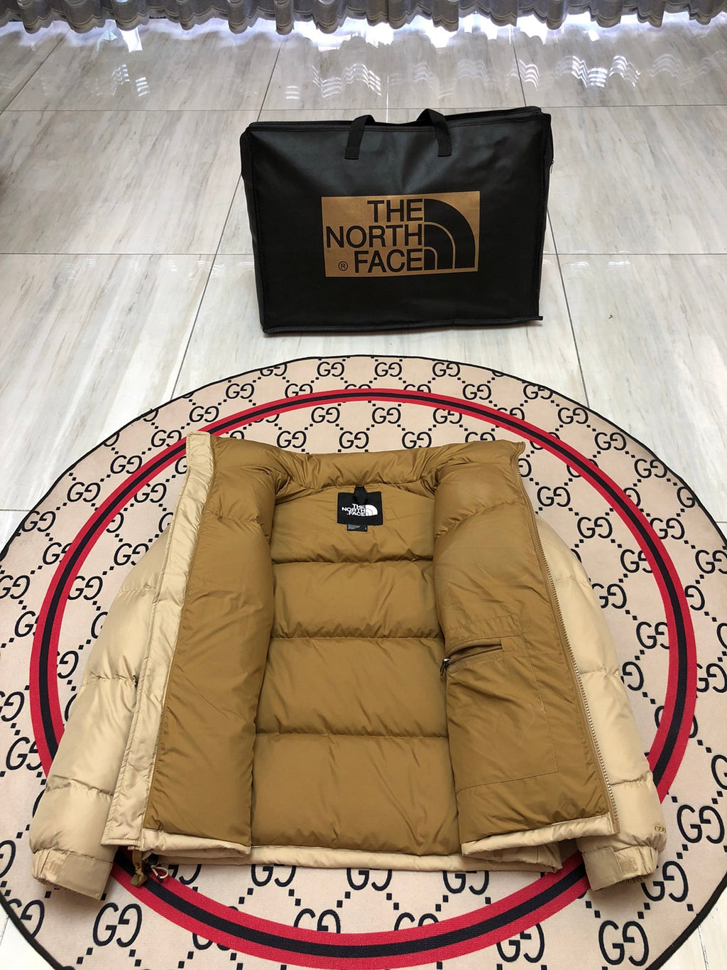 The North Face Beige Tan Colorblock Puffer Jacket