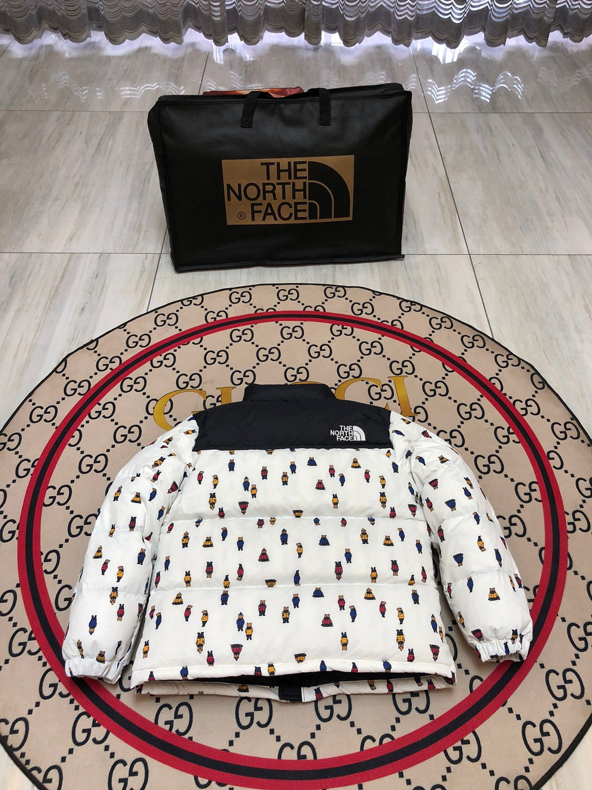 The North Face White Black Bear-Print Puffer Jacket